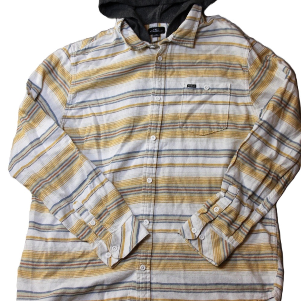 O'Neill Shirt Mens XL White Button Up Long Sleeve Hooded Pockets Cotton